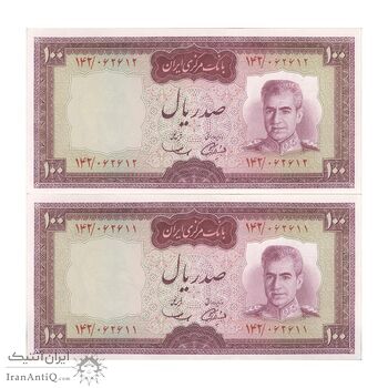 اسکناس 100 ریال (آموزگار - سمیعی) نوشته قرمز - جفت - UNC61 - محمد رضا شاه
