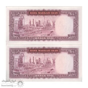 اسکناس 100 ریال (آموزگار - سمیعی) نوشته قرمز - جفت - UNC61 - محمد رضا شاه