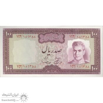 اسکناس 100 ریال (آموزگار - سمیعی) نوشته سیاه - تک - AU58 - محمد رضا شاه