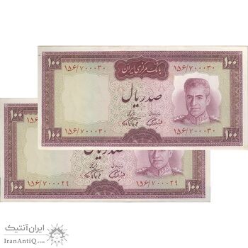 اسکناس 100 ریال (آموزگار - فرمان فرماییان) نوشته قرمز - جفت - UNC61 - محمد رضا شاه