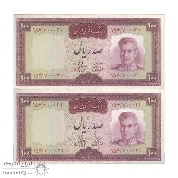 اسکناس 100 ریال (آموزگار - فرمان فرماییان) نوشته قرمز - جفت - UNC61 - محمد رضا شاه