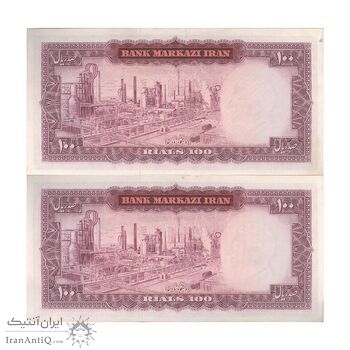 اسکناس 100 ریال (آموزگار - فرمان فرماییان) نوشته قرمز - جفت - UNC61 - محمد رضا شاه