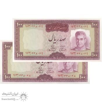 اسکناس 100 ریال (آموزگار - فرمان فرماییان) نوشته قرمز - جفت - UNC63 - محمد رضا شاه