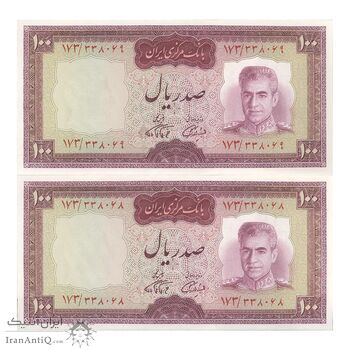 اسکناس 100 ریال (آموزگار - فرمان فرماییان) نوشته قرمز - جفت - UNC63 - محمد رضا شاه