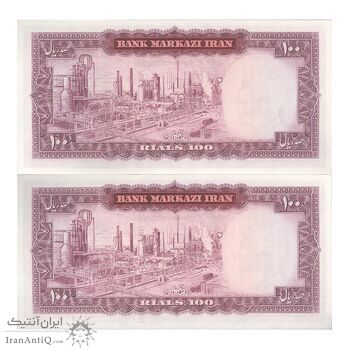 اسکناس 100 ریال (آموزگار - فرمان فرماییان) نوشته قرمز - جفت - UNC63 - محمد رضا شاه