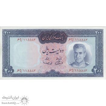 اسکناس 200 ریال (آموزگار - سمیعی) نوشته قرمز - تک - AU58 - محمد رضا شاه