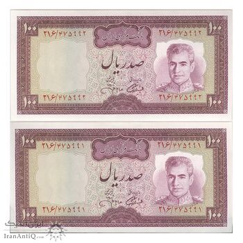 اسکناس 100 ریال (آموزگار - جهانشاهی) - جفت - UNC62 - محمد رضا شاه