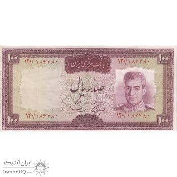 اسکناس 100 ریال (آموزگار - سمیعی) نوشته قرمز - تک - VF30 - محمد رضا شاه