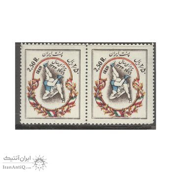 تمبر پیروزی کشتی گیران در مسابقات بین المللی 1334 - محمدرضا شاه