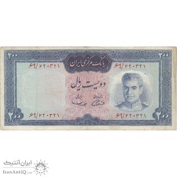 اسکناس 200 ریال (آموزگار - سمیعی) نوشته قرمز - تک - VF25 - محمد رضا شاه