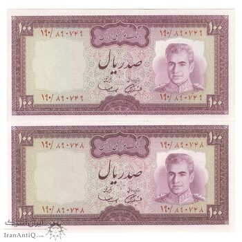 اسکناس 100 ریال (آموزگار - سمیعی) نوشته سیاه - جفت - UNC63 - محمد رضا شاه