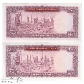 اسکناس 100 ریال (آموزگار - سمیعی) نوشته سیاه - جفت - UNC63 - محمد رضا شاه