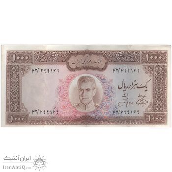 اسکناس 1000 ریال (آموزگار - جهانشاهی) نوشته سیاه - تک - AU50 - محمد رضا شاه