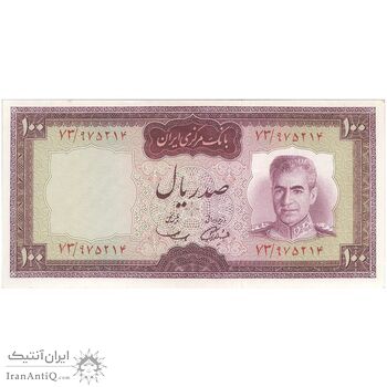 اسکناس 100 ریال (آموزگار - سمیعی) نوشته قرمز - تک - AU50 - محمد رضا شاه