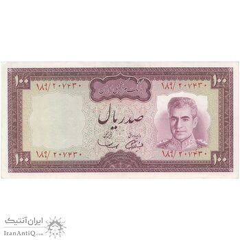 اسکناس 100 ریال (آموزگار - سمیعی) نوشته سیاه - تک - VF35 - محمد رضا شاه