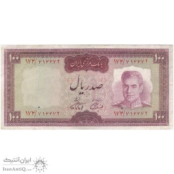 اسکناس 100 ریال (آموزگار - فرمان فرماییان) نوشته قرمز - تک - VF30 - محمد رضا شاه