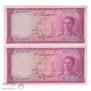 اسکناس 100 ریال سری سوم - جفت - UNC62 - محمد رضا شاه