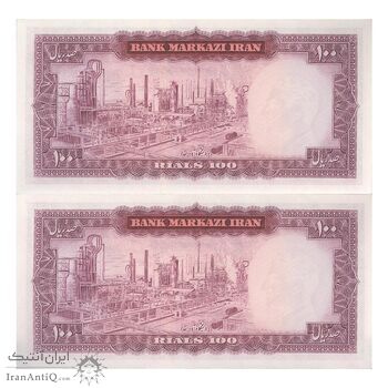 اسکناس 100 ریال (آموزگار - فرمان فرماییان) نوشته سیاه - جفت - UNC63 - محمد رضا شاه