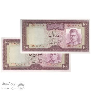 اسکناس 100 ریال (آموزگار - سمیعی) نوشته سیاه - جفت - UNC62 - محمد رضا شاه