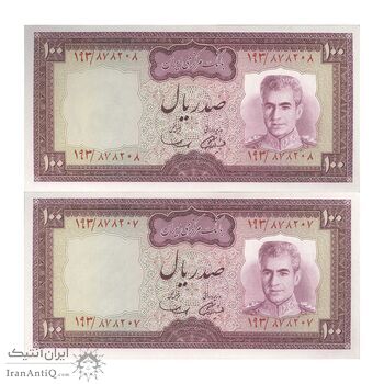 اسکناس 100 ریال (آموزگار - سمیعی) نوشته سیاه - جفت - UNC62 - محمد رضا شاه