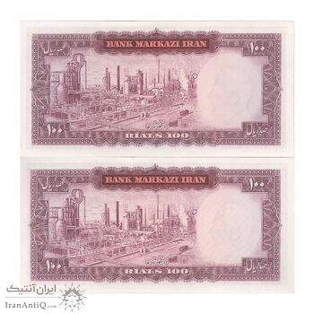 اسکناس 100 ریال (آموزگار - سمیعی) نوشته سیاه - جفت - UNC62 - محمد رضا شاه