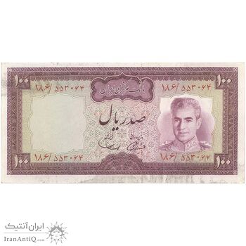 اسکناس 100 ریال (آموزگار - سمیعی) نوشته سیاه - تک - AU55 - محمد رضا شاه