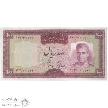 اسکناس 100 ریال (آموزگار - سمیعی) نوشته قرمز - تک - VF35 - محمد رضا شاه