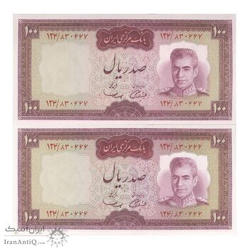 اسکناس 100 ریال (آموزگار - سمیعی) نوشته قرمز - جفت - UNC64 - محمد رضا شاه