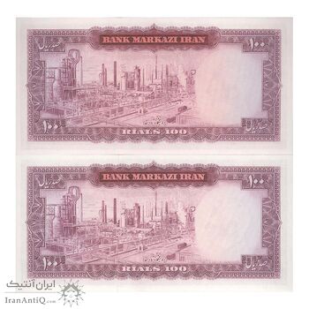 اسکناس 100 ریال (آموزگار - سمیعی) نوشته قرمز - جفت - UNC64 - محمد رضا شاه