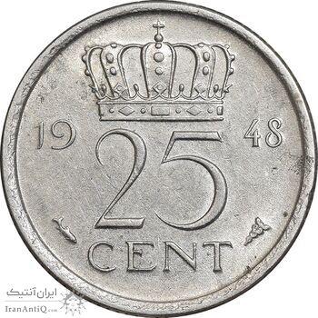 سکه 25 سنت 1948 ویلهلمینا - AU55 - هلند