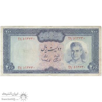 اسکناس 200 ریال (آموزگار - سمیعی) نوشته سیاه - تک - F15 - محمد رضا شاه
