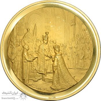 مدال طلا جشن تاجگذاری 1347 - 150 گرمی با جعبه فابریک - PF62 - محمد رضا شاه
