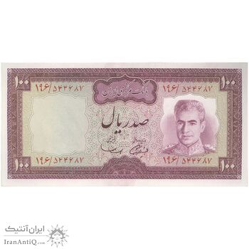 اسکناس 100 ریال (آموزگار - سمیعی) نوشته سیاه - تک - UNC63 - محمد رضا شاه