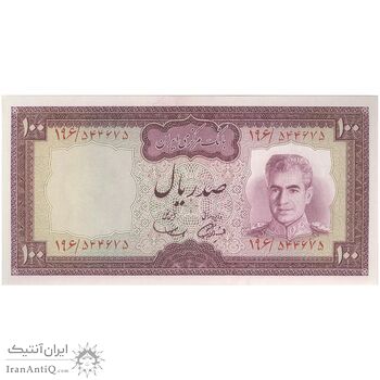 اسکناس 100 ریال (آموزگار - سمیعی) نوشته سیاه - تک - UNC63 - محمد رضا شاه