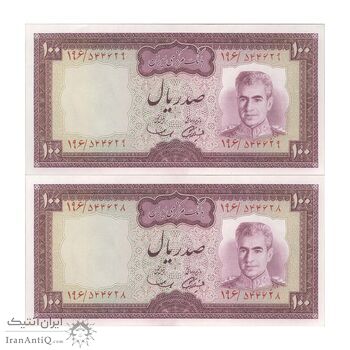 اسکناس 100 ریال (آموزگار - سمیعی) نوشته سیاه - جفت - UNC63 - محمد رضا شاه