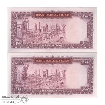 اسکناس 100 ریال (آموزگار - سمیعی) نوشته سیاه - جفت - UNC63 - محمد رضا شاه