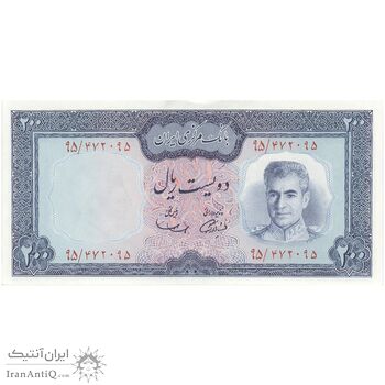 اسکناس 200 ریال (آموزگار - سمیعی) نوشته سیاه - تک - UNC63 - محمد رضا شاه