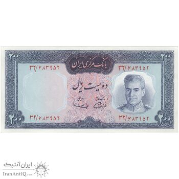 اسکناس 200 ریال (آموزگار - سمیعی) نوشته قرمز - تک - UNC63 - محمد رضا شاه