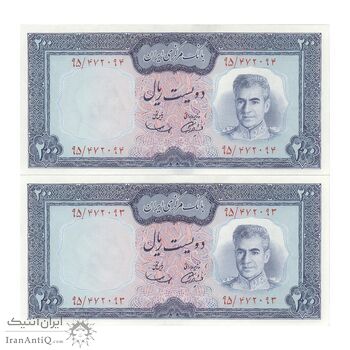 اسکناس 200 ریال (آموزگار - سمیعی) نوشته سیاه - جفت - UNC63 - محمد رضا شاه