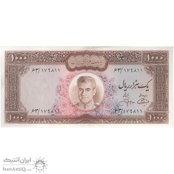 اسکناس 1000 ریال (آموزگار - جهانشاهی) نوشته سیاه - تک - UNC62 - محمد رضا شاه