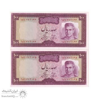 اسکناس 100 ریال (آموزگار - فرمان فرماییان) نوشته سیاه - جفت - UNC63 - محمد رضا شاه