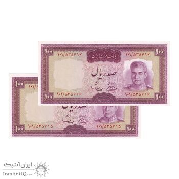 اسکناس 100 ریال (آموزگار - سمیعی) نوشته قرمز - جفت - UNC63 - محمد رضا شاه