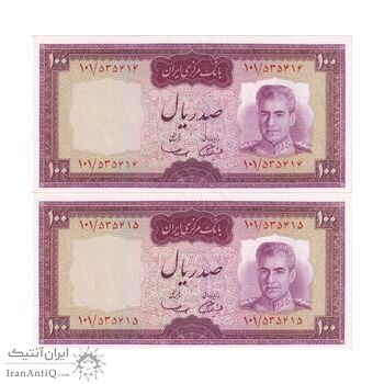 اسکناس 100 ریال (آموزگار - سمیعی) نوشته قرمز - جفت - UNC63 - محمد رضا شاه