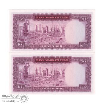 اسکناس 100 ریال (آموزگار - سمیعی) نوشته قرمز - جفت - UNC63 - محمد رضا شاه