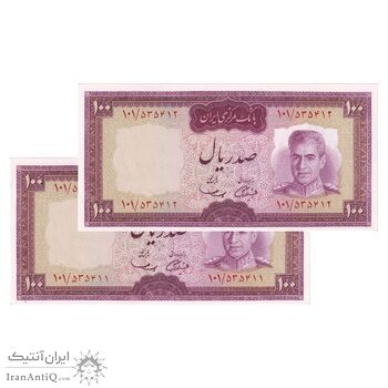 اسکناس 100 ریال (آموزگار - سمیعی) نوشته قرمز - جفت - UNC63 - محمد رضا شاه
