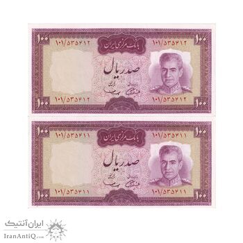 اسکناس 100 ریال (آموزگار - سمیعی) نوشته قرمز - جفت - UNC63 - محمد رضا شاه