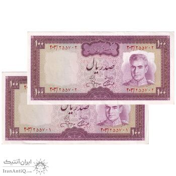 اسکناس 100 ریال (آموزگار - جهانشاهی) - جفت - AU58 - محمد رضا شاه