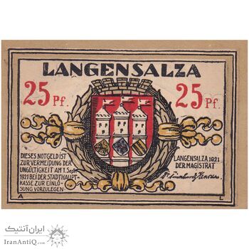 اسکناس 25 فینیگ 1921 جمهوری وایمار - لانگنزالتسا - تک - UNC62 - آلمان