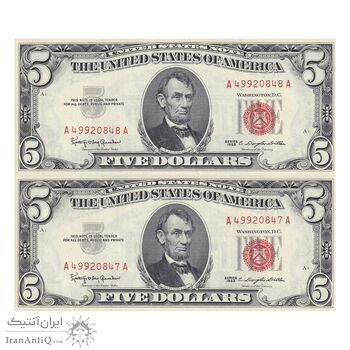 اسکناس 5 دلار 1963 جمهوری فدرال - مهر قرمز - جفت - UNC62 - آمریکا اسکناس 5 دلار 1963 جمهوری فدرال - مهر قرمز - جفت - UNC62 - آمریکا