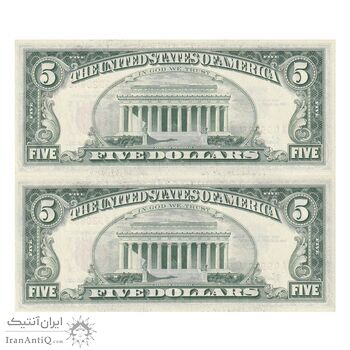 اسکناس 5 دلار 1963 جمهوری فدرال - مهر قرمز - جفت - UNC62 - آمریکا اسکناس 5 دلار 1963 جمهوری فدرال - مهر قرمز - جفت - UNC62 - آمریکا